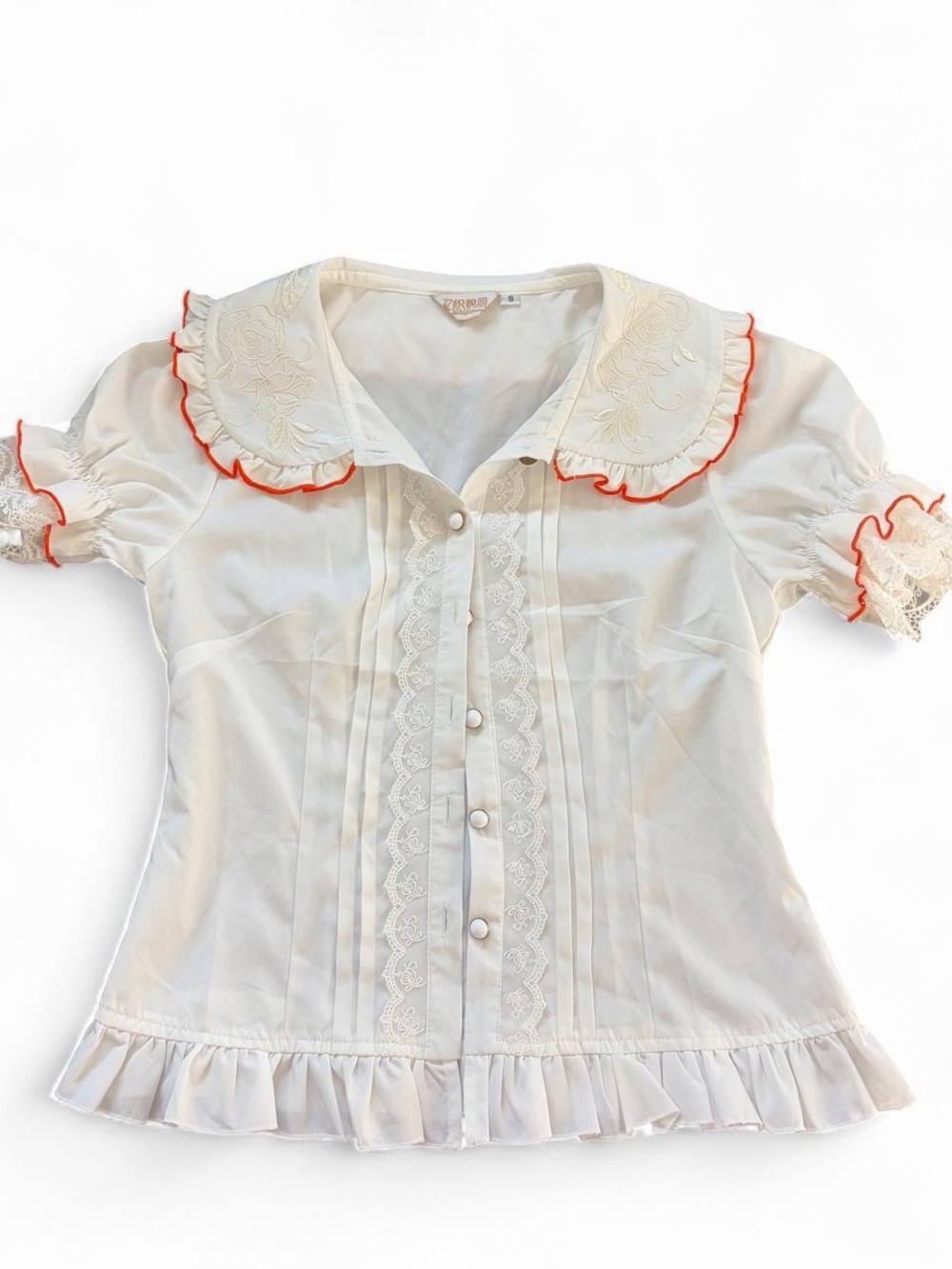 Vintage Embroidered Peter Collar Button-Down Top with Orange Trim